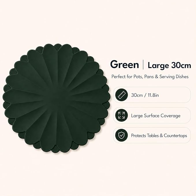 Heat-Resistant Silicone Trivet Mats, Non-Slip Hot Plate Holder for Kitchen Countertops & Dining Table, Reusable Pot Holder Pad with Secure Grip, Dishwasher Safe (Green, Diameter: 30cm/11.81")