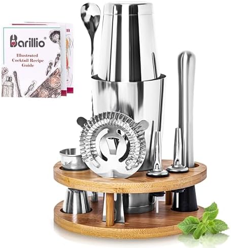 Barillio Elite Mixology Bartender Kit with Stand - Cocktail Shaker Set with Bamboo Stand, Boston Drink Shaker, Mojito Muddler, and Drink Mixer Spoon - 9-Piece Bar Tools Set - Bar Accessories for Home