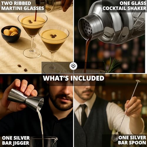 VEMACITY Silver Cocktail Shaker Set + 2 Ribbed Martini Glasses & Bar Tools