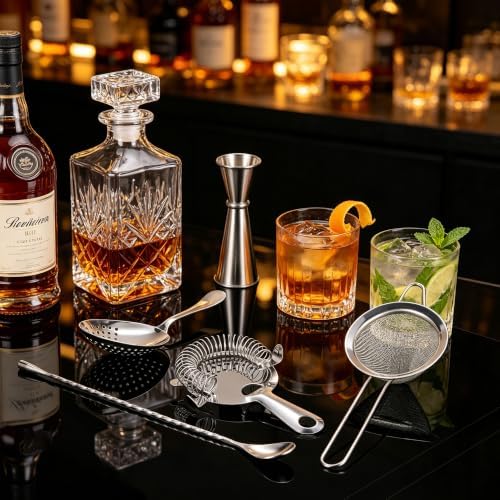 Yoption Cocktail Strainer Set, Stainless Steel Bar Tools with Mixing Stirring Spoon, Julep, Hawthorne, Fine Mesh Strainer and Jigger for Bartending