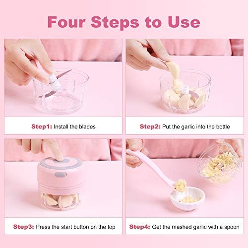 DAHOKO Electric Mini Garlic Chopper [Portable, Wireless, 100ml] Mini Electric Chopper with Spoon, Electric Food Chopper Tool, Mini Chopper for Mashing Onion, Garlic, Chili, Peppers, Nuts(Pink)