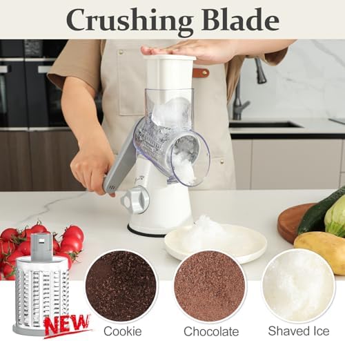 Cambom Rotary Cheese Grater Hand Crank Cheese Shredder for Fresh Cheese, Vegetable, Nuts,Non-slip Suction Base, Five Blades, White (Pack of 2)