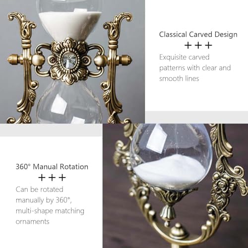 Vintage Hourglass Timer, 15 Minutes,Desk Decor,Embossed White Sand Metal Glass Hourglass Timer,Used for Home and Office Decoration,8.38inch Tall. (Brass)