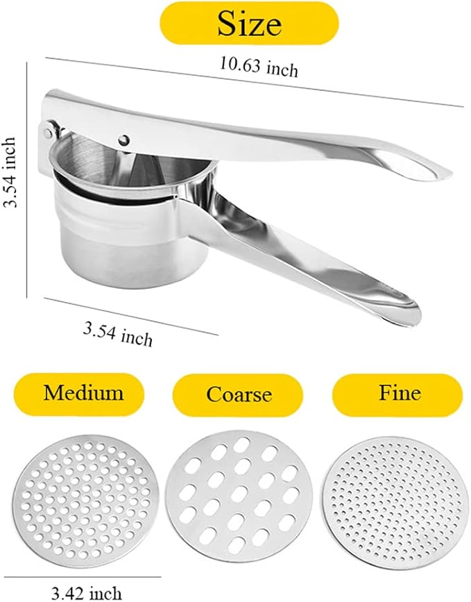 Large Stainless Steel Potato Ricer, 3 Interchangeable Discs for Fine, Medium, and Coarse, Heavy Duty Potato Masher and Ricer Kitchen Tool，Press and Mash For Perfect Mashed Potatoes
