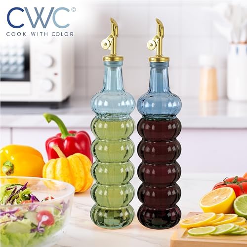 COOK WITH COLOR Glass Olive Oil Bottle Dispenser - 2 Pack- 17oz Oil and Vinegar Cruet - Olive Oil Carafe Decanter for Kitchen, Elegant Waves, Blue