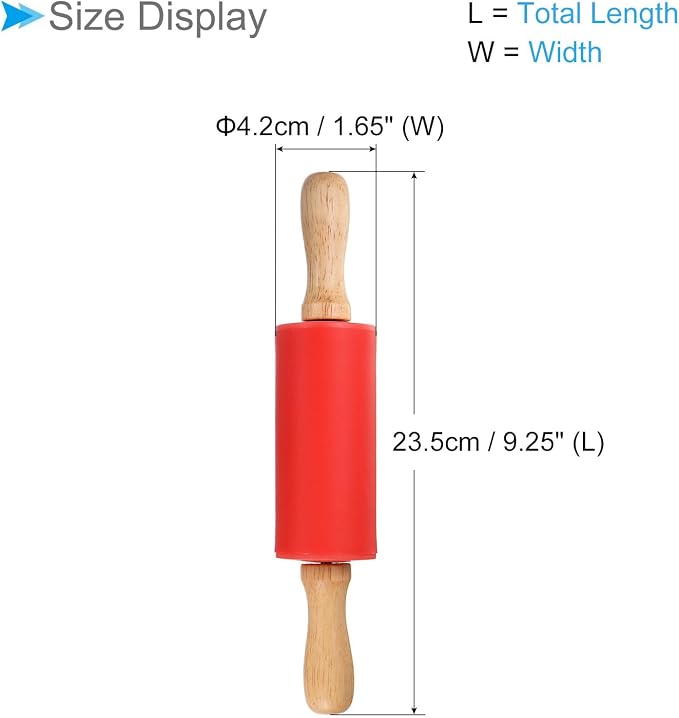 Silicone Rolling Pins, 9.25" Length, Silicone & Oak Non-Stick Ergonomic Wooden Handle Fondant Dough Roller Red - (Applications: for Baking DIY Projects)
