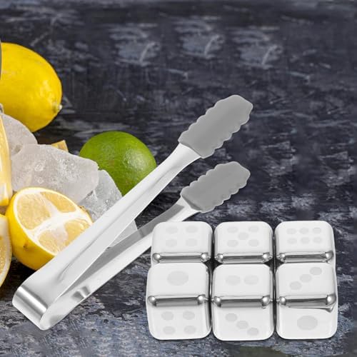 6pcs Whiskey Stones with Ice Tong Stainless Steel Ice Cubes Reusable Dice Shaped Whiskey Rocks Beverage Chilling Stones for Bourbon Drinking Assorted Color
