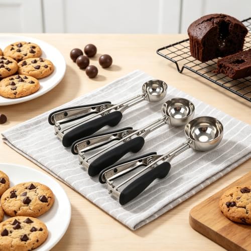 Engraved Sizes Cookie Scoops,Set of 3 Black Cookie Scoops for Baking