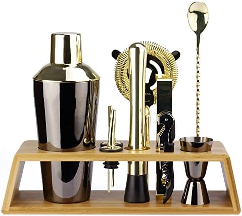 Arora 10Pcs Bartender Kit Bar Set, 24OZ Black & Gold Cocktail Shaker Set with Stainless Steel Bartending Accessories for Home & Bamboo Stand, Ideal Drinking Mixers Gift Set for Martini Margarita