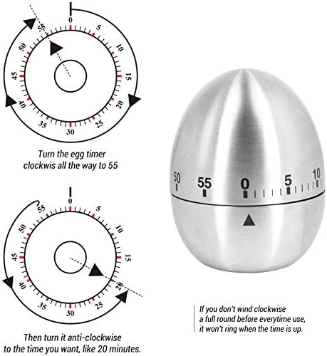 U/S Egg Kitchen Timer Cute Manual,Stainless Steel Metal Mechanical Visual Countdown Cooking Timer with Loud Alarm for Kids Cooking Tools