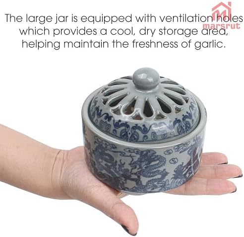 Marsrut Ceramic Garlic Keeper Crock with Lid, Porcelain Breathable Storage Bowl Jar Tank Holder, Small Container for Storing Garlic Chili for Counter Countertop Kitchen (Gray Blue)