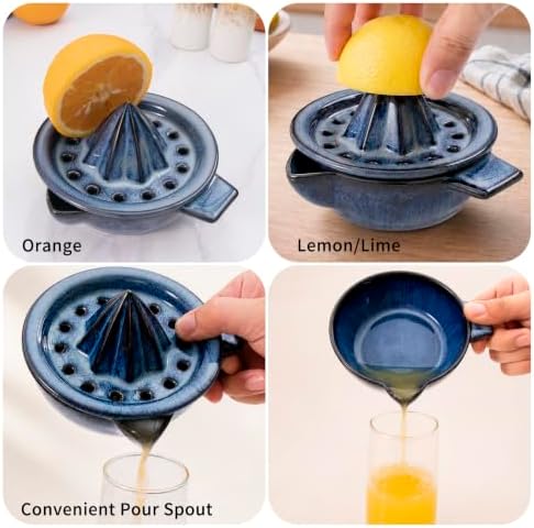 Lemon Orange Grapefruit Juicer Manual Squeezer Ceramic Hand Juicer Reamer Rotation Press with Strainer＆ 5oz Bowl, Pour Spout, Handle, Dishwasher Safe,Ocean Blue