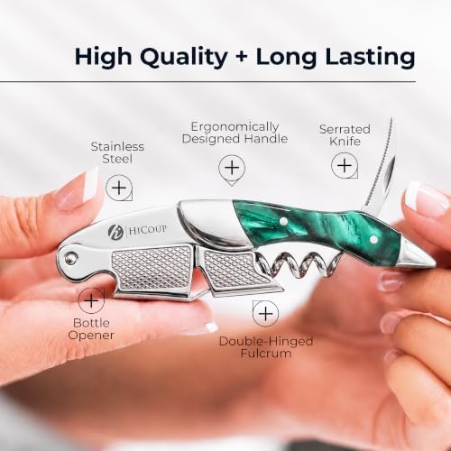 Hicoup Wine Opener - Professional Corkscrews for Wine Bottles w/Foil Cutter and Cap Remover - Manual Wine Key for Servers, Waiters, Bartenders and Home Use - Jade Resin & Steel