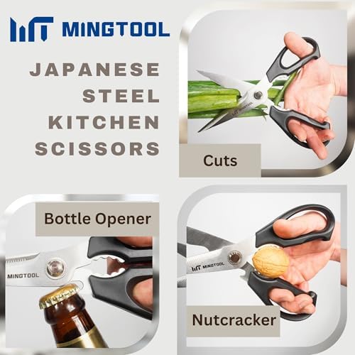 PROFESSIONAL KITCHEN SHEARS, Heavy Duty Food & Poultry Meat Scissors, MINGTOOL Serrated Blade with Premium Japanese Steel Material, Expert Grade Cutter for Bone, Crab Legs, Lobster, & Herbs.