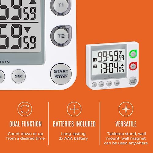 MARATHON Dual Digital Timer, 100-Hour Count Up/Down, Large Display, White