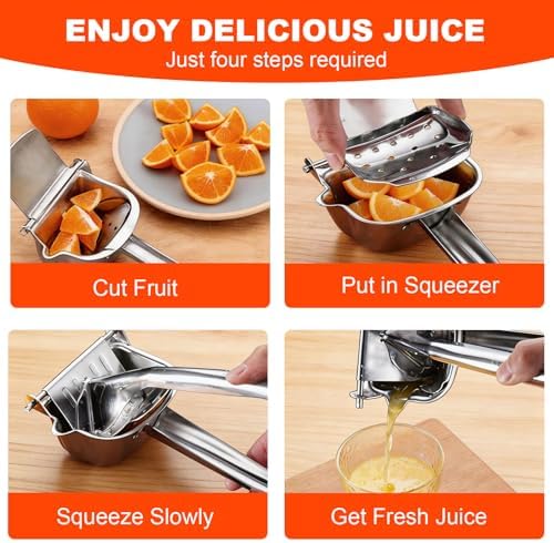 Large 304 Stainless Steel Manual Fruit Juicer Press, Handheld Citrus Squeezer, Lemon Orange Watermelon Juicer, Multi-Purpose Potato Ricer Masher, Kitchen Tool for Home & Bar