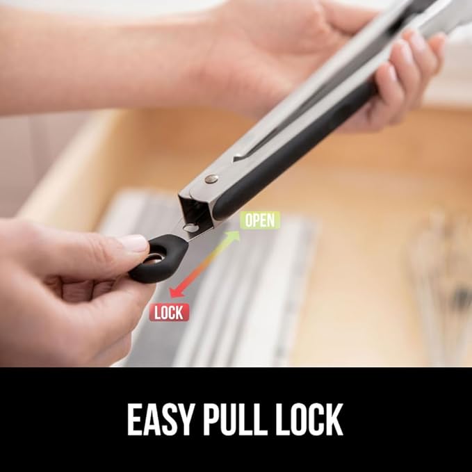 GORILLA GRIP Stainless Steel Heat Resistant Kitchen Tongs for Cooking, 7 + 9 + 12 + 14 Inch Set of 4 BBQ Tong, Non Scratch Silicone Tip for Pans, Grab Food, Toss Salad, Pull Lock, Black
