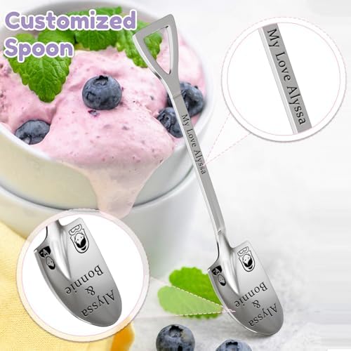 Custom Spoon, 2-100Pcs Engraved Ice Cream Scoop Shovel with Name/Image/Text Special Gifts for husband Wife Mom Dad, Personalized Stainless Steel Dessert Spoon for Anniversary Mother Day (Rose Gold)