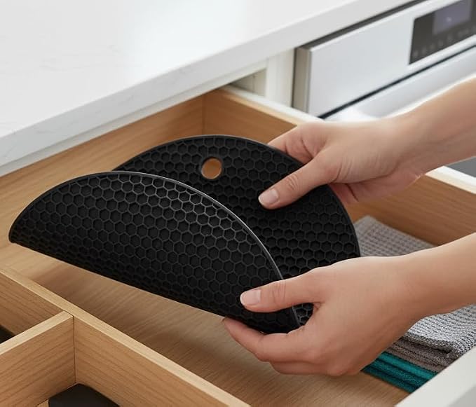 6-Pack Silicone Trivet Mats, Heat Resistant Hot Pads, Dishwasher Safe Kitchen Mats, BPA-Free Pot Holders for Table, Countertop, Stove, Honeycomb Design (Black, 7” Square/Round)