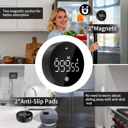 Digital Kitchen Timer, Magnetic Visual Countdown Countup Timer with Large LED Display, Adjustable Volume, Easy for Seniors and Kids, for Cooking, Classroom, Fitness, Study (2 * Black)