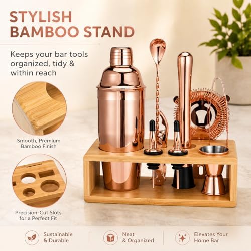 Rose Gold Cocktail Shaker Set, Premium 18/8 Stainless Steel Mixology Bartender Kit with Stylish Bamboo Stand 10-Piece Bar Tools & Accessories for Home Decor - Gift for Women, Mom, Wedding