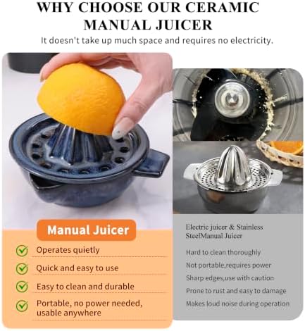 Lemon Orange Grapefruit Juicer Manual Squeezer Ceramic Hand Juicer Reamer Rotation Press with Strainer＆ 5oz Bowl, Pour Spout, Handle, Dishwasher Safe,Ocean Blue