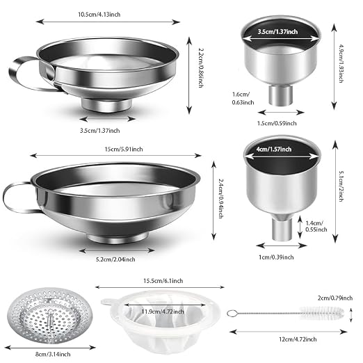 8 Pieces Stainless Steel Funnels with Fine Mesh Strainer for Canning | Metal Canning Funnels Wide Mouth Canning Funnel Household for Filling Bottles Oil Power Jam Grains