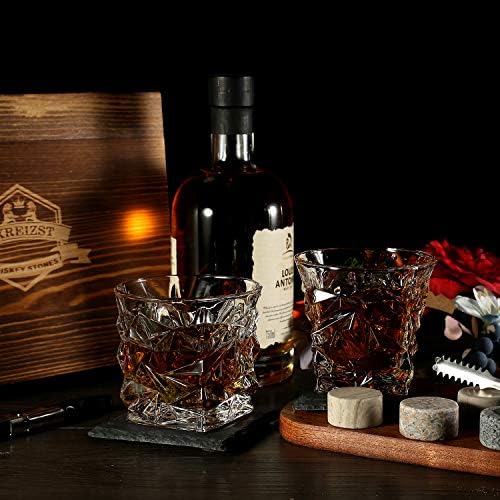 Whiskey Stones Gift Set, 2 Large Crystal Whiskey Glasses in Wood Gifts Box