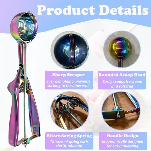 Ice Cream Scoop with Trigger Release, 304 Stainless Steel Cookie Scoops for Baking & Food Prep, Easy to Clean Dishwasher Safe Scooper for Ice Cream, Cookie Dough, Fruit and Meatballs（Colorful L)