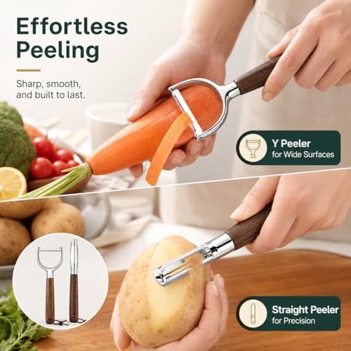 Premium 2-Piece Vegetable Peeler Set – Y & Straight Peeler with Walnut Handle, Stainless Steel Multifunctional Kitchen Tool for Potato, Carrot & Fruit Peeling