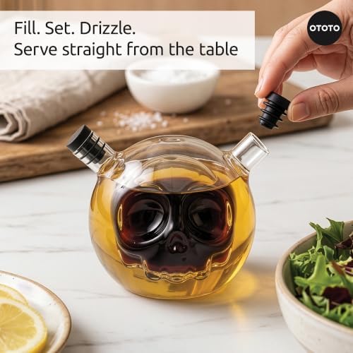 OTOTO 2-in-1 Glass Oil and Vinegar Cruet - Skull Oil Dispenser and Vinegar Bottle, Salad Dressing Dispenser, Bread Dipping, Spooky Kitchen Gifts, Unique Kitchen Gadgets (Skully-Olio)