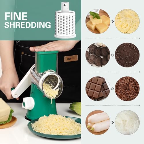 Cambom Rotary Cheese Grater Hand Crank Cheese Shredder for Fresh Cheese, Vegetable, Nuts,Non-slip Suction Base, Three Blades, Dark Green