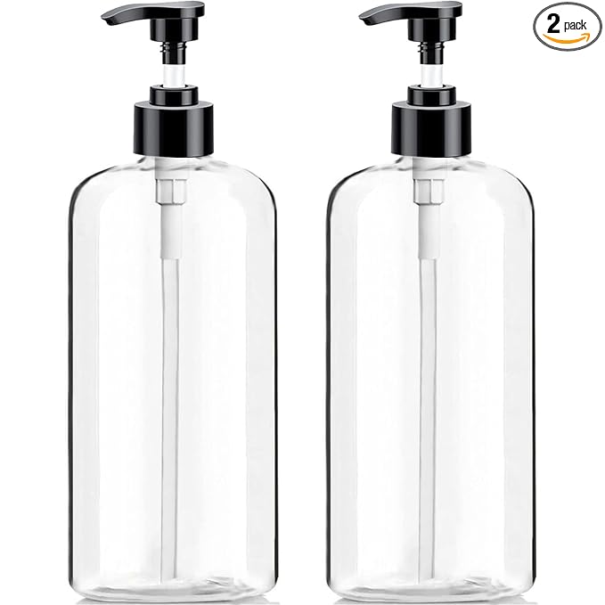 Empty Plastic Pump Bottles Dispenser 2 Pack 32oz/ 1 Liter Portable Clear BPA-Free Cylinder Shampoo Lotion Hand Pump Bottle Durable Refillable Containers (Clear, 32 Oz, 2 Pack)