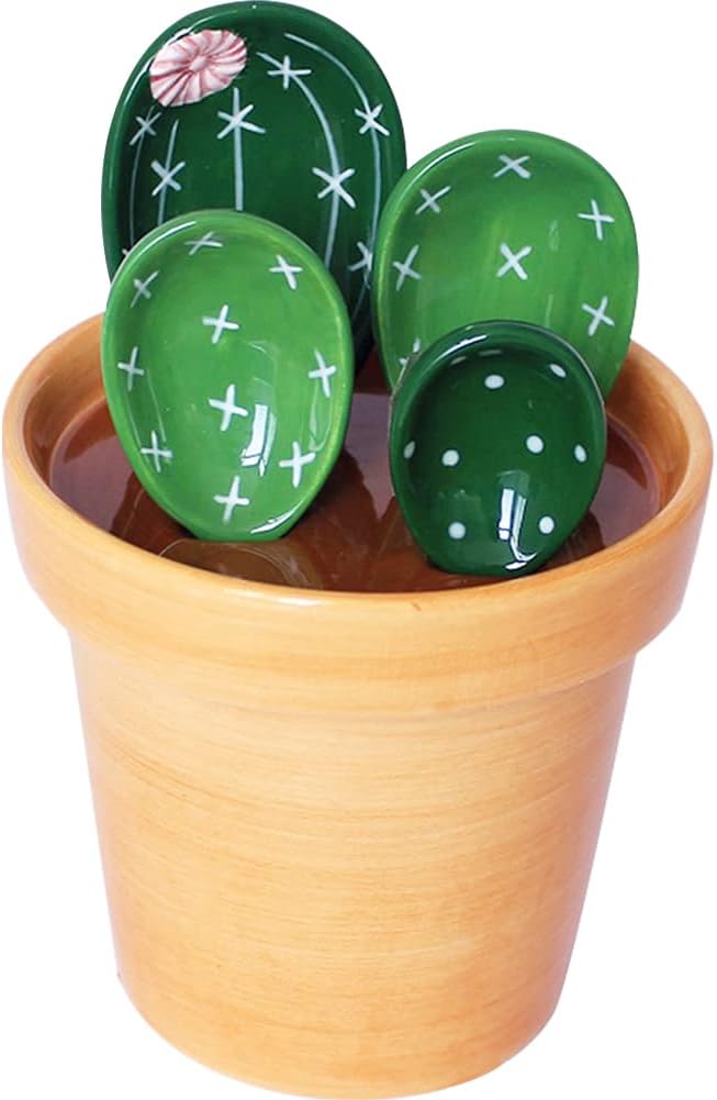 Ceramic Cactus Measuring Spoons with Holder Set of 5 Baking Measuring Spoons for Wet & Dry Ingredients Cactus Figurine Dishwasher Safe Mixed Colors 1 Tbsp 1 TSP 1/2 TSP 1/4 TSP 1 Cup Yellow