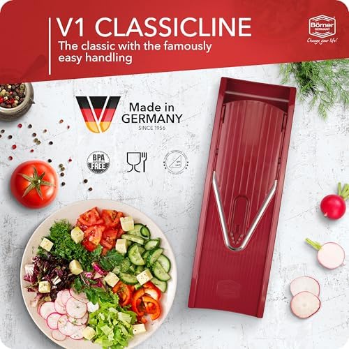 Mandoline Food Slicer Börner V1 (Profi Set) by Reston Lloyd • V-Slicer with 4 Inserts, Docking Station & Food Holder • Made in Germany • Fruit & Vegetable Chopper • Multiple Settings • Color: Red