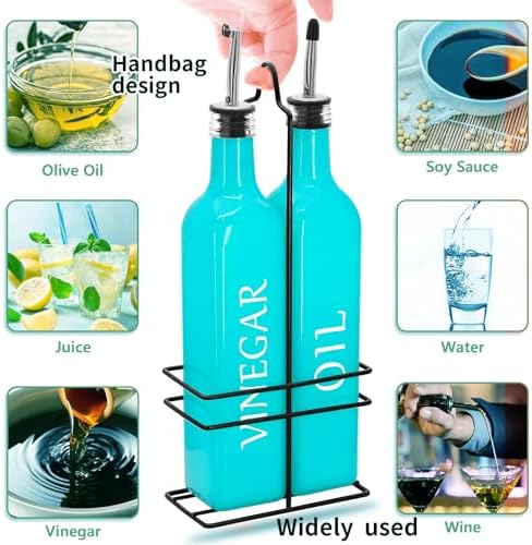 Farmhouse Oil and Vinegar Dispenser Set, 17 oz, beautiful olive oil dispenser, includes a black steel rack and a funnel, vintage cruets for vinegar and oil (Turquoise)