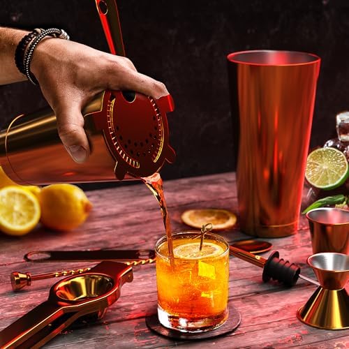 Bar Set Cocktail Shaker Set Bartender Kit, 17 Piece Gold Cocktail Set, Mixology Bartender Kit with Wood Stand, Steel Cocktail Kit, Bar Accessories: 30oz Martini Shaker, Muddler, Cocktail Book & More