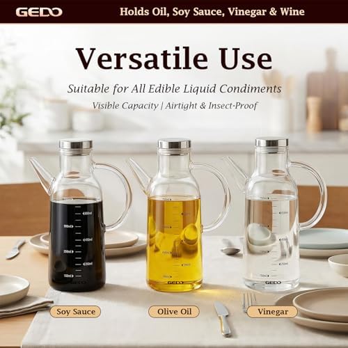 GEDO Borosilicate Glass Oil Dispenser, Eagle Beak Drip-Free Spout with Airtight Stainless Steel Lid, Measurement Markings & Ergonomic Handle, Multi-Purpose for Kitchen & Outdoor Picnic (0.79QT/750ml)