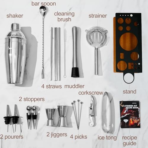 23-Piece Cocktail Shaker Set with Stand, 304 SS, Bartender Kit Gift
