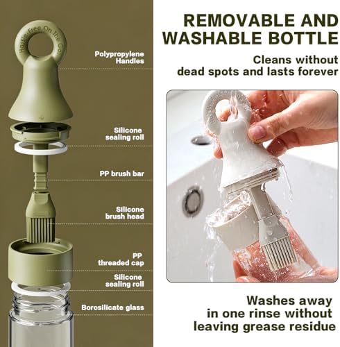 MMJ 2 in 1 Oil Brush Bottle with Silicone Basting Brush, Oil Dispenser for Kitchen, Leak Proof Glass Kitchen Accessories for Cooking, BBQ, Grilling, Vinegar, Sauce, Olive(White+Green)