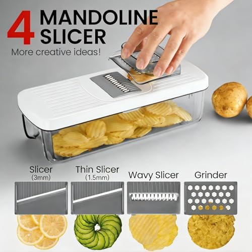 6-in-1 Vegetable Chopper Mandoline Slicer with 6 Blades & Container, Onion Cutter Dicer, Kitchen Gadgets & Essentials for Food Prep