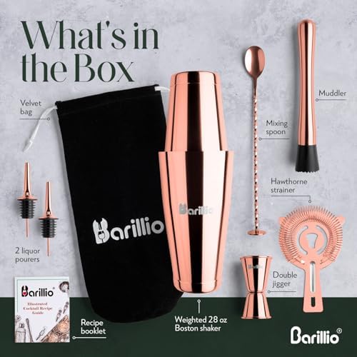 Barillio Rose Gold Boston Shaker Set - Stainless-Steel, Weighted Martini Cocktail Shaker Set w/Strainer & Mixer - Mixology Bartender Kit - Bar Set for the Home - 9-pc Drink Shaker Set - Bar Tools