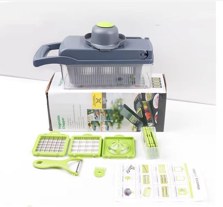 16 IN 1 VEGETABLE CHOPPER AND SLICER WITH CONTAINER -MULTI- FUNCTIONAL MANDOLINE CUTTER FOR ONIONS, FRUITS &CHEESE - KITCHEN GADGETS WITH INTERCHANGEABLE BLADES &PEELER.