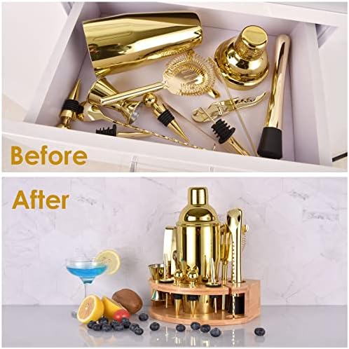 Bartender Kit with Stylish Bamboo Stand, 12 Piece 25oz Cocktail Shaker Set for Mixed Drink, Professional Stainless Steel Bar Tool Set, Gift for Man Dad- Cocktail Recipes Booklet (Gold)