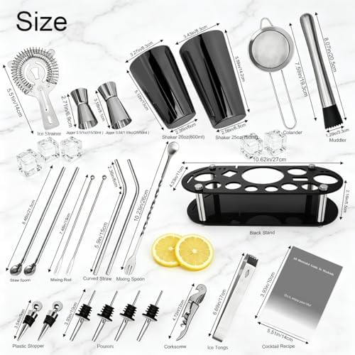 22-Piece Cocktail Shaker Set, 25/20oz Bartender Kit, Bartending Stainless Steel Bar Tools Sets for Drink Mixing, Boston Cocktail Shakers with Stand Recipes Booklet (Black-25-20oz)