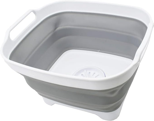 SAMMART 7.5L (2 Gallons) Collapsible Dishpan with Draining Plug - Foldable Washing Basin - Portable Dish Washing Tub - Space Saving Kitchen Storage Tray (White/Grey, 1)