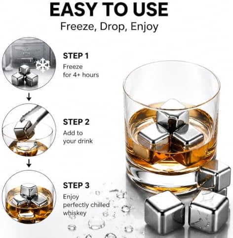 6 Pack Stainless Steel Whiskey Stones, Metal Ice Cubes Gift for Men