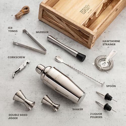 Mixology & Craft Rustic Cocktail Shaker Set – Includes Wood Stand, Complete Barware Kit with 24 Oz Shaker, Dual Jiggers, Pourers, Muddler, Strainer – Perfect for Home Bartenders (Silver)