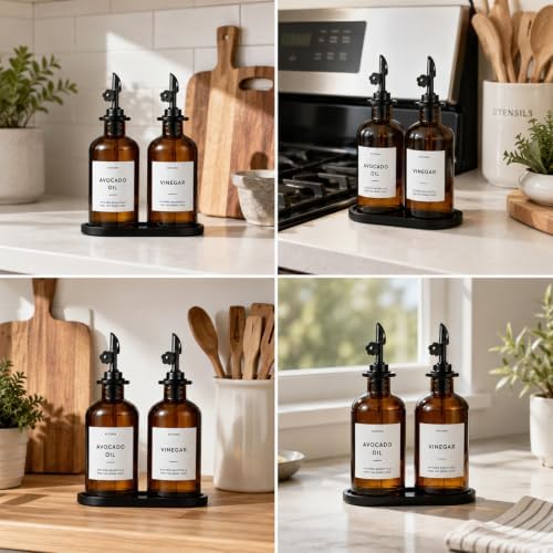Olive Oil Dispenser for Kitchen, 2-Pack 12oz Glass Bottle with White Labels