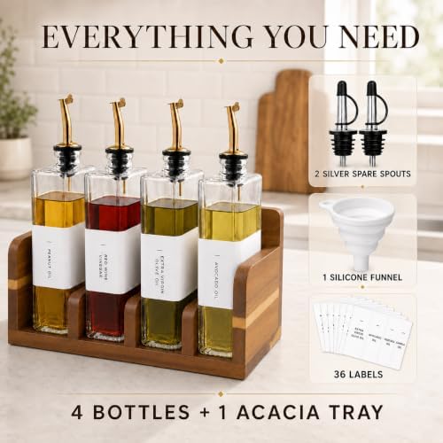 Oil and Vinegar Dispenser Set — 4 Glass Bottles with Open Bookshelf Acacia Wood Tray | 4 Pour Spouts, Silicone Funnel & Labels | Countertop Olive Oil Organizer for Kitchen (4, Clear, 12, ounces)
